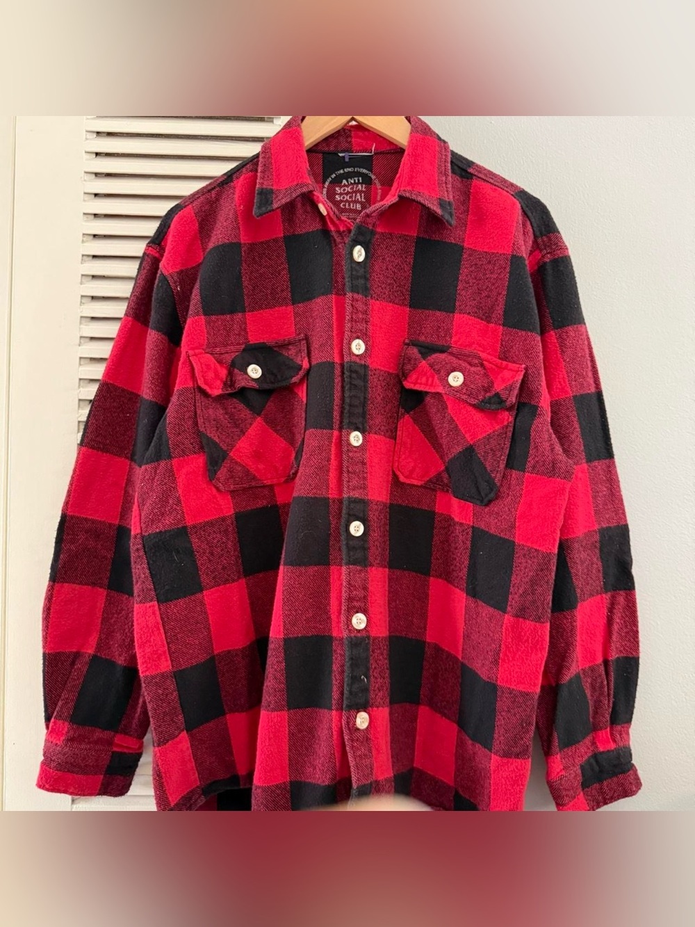 Anti Social Social Club Red Flannel Longsleeve Shirt Size L - Picture 7 of 8